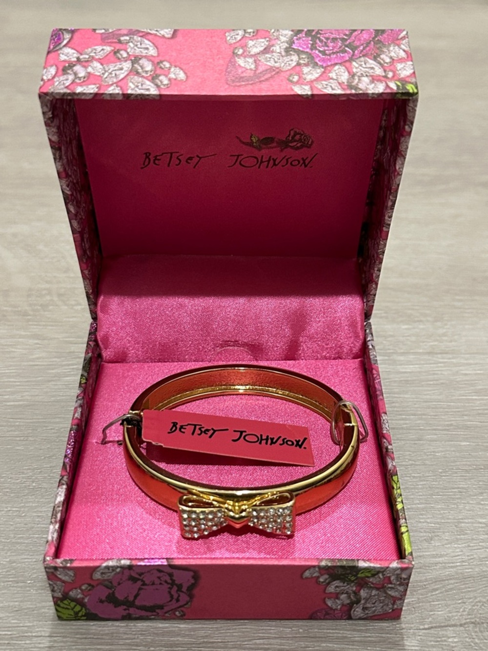 Betsey Johnson Gold Crystal Bow Hinged Bangle Bracelet